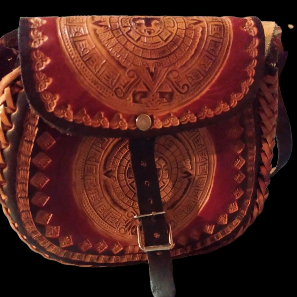 HAND-Tooled MEXICAN Leather BOHO Style Bag; AZTEC Mayan Calendar Design